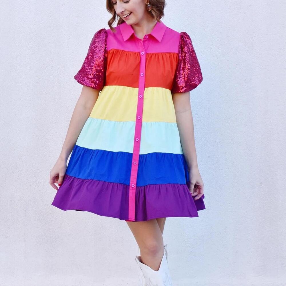 Rainbow Dress with Sequin Sleeves